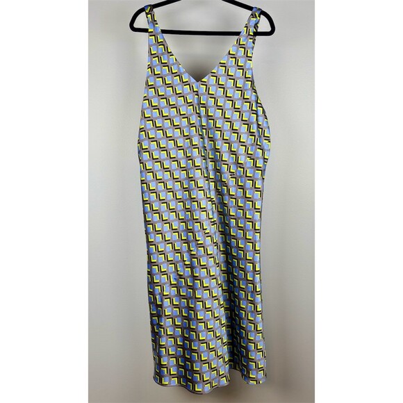 Wildfang Slip Dress Womens Multicolor Geometric Print Satin Midi V-Neck - Picture 2 of 7